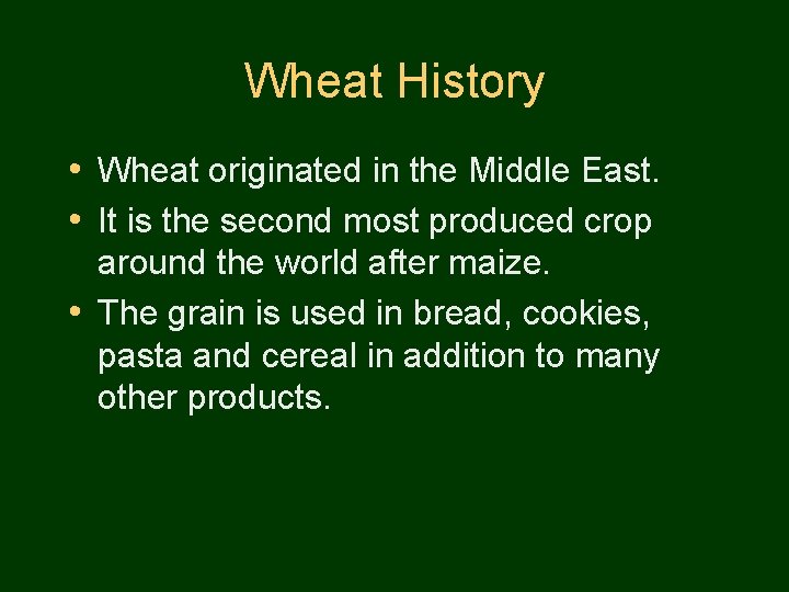 Wheat History • Wheat originated in the Middle East. • It is the second