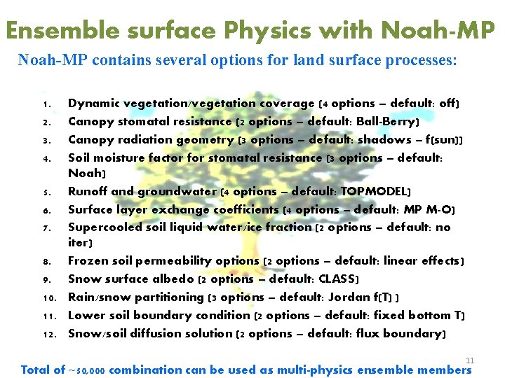 Ensemble surface Physics with Noah-MP contains several options for land surface processes: 1. 2.