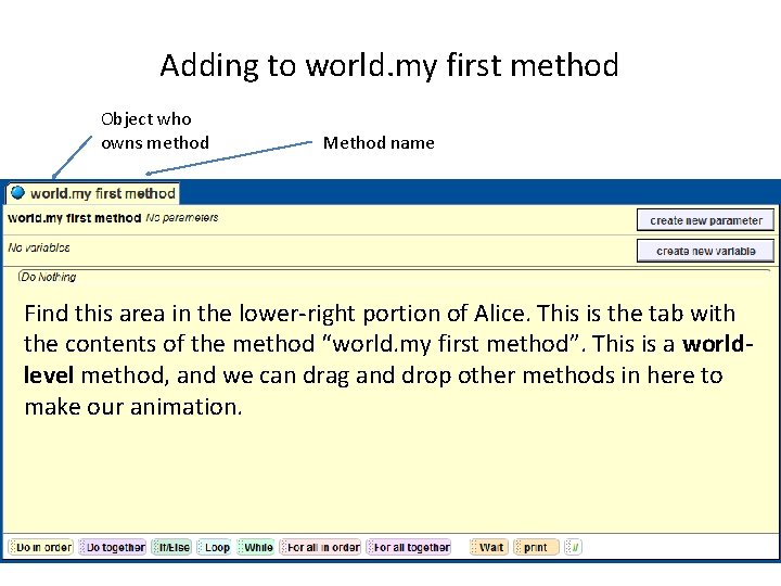 Adding to world. my first method Object who owns method Method name Find this Adding to world. my first method Object who owns method Method name Find this