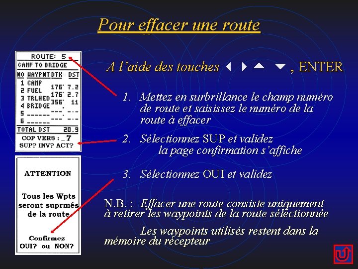 Pour effacer une route A l’aide des touches 34 5 6, ENTER A l’aide
