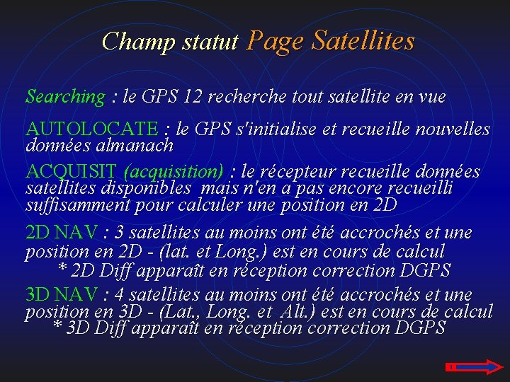 Champ statut Page Satellites Searching : Searching le GPS 12 recherche tout satellite en