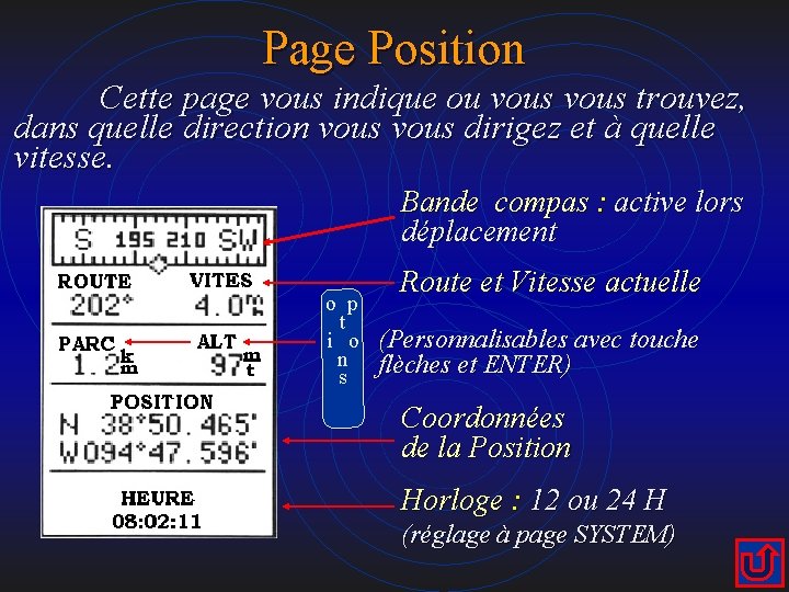  Page Position Cette page vous indique ou vous trouvez, dans quelle direction vous