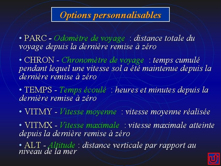Options personnalisables • PARC - Odomètre de voyage : distance totale du voyage depuis