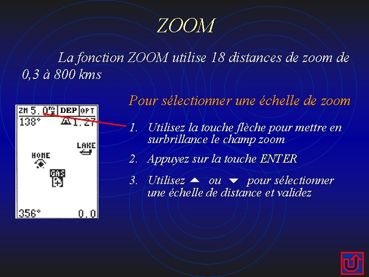 ZOOM La fonction ZOOM utilise 18 distances de zoom de 0, 3 à 800