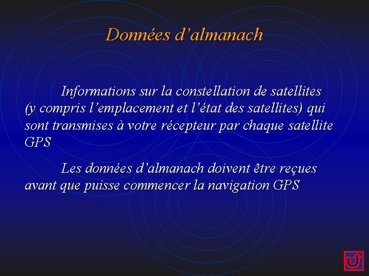 Données d’almanach Informations sur la constellation de satellites (y compris l’emplacement et l’état des