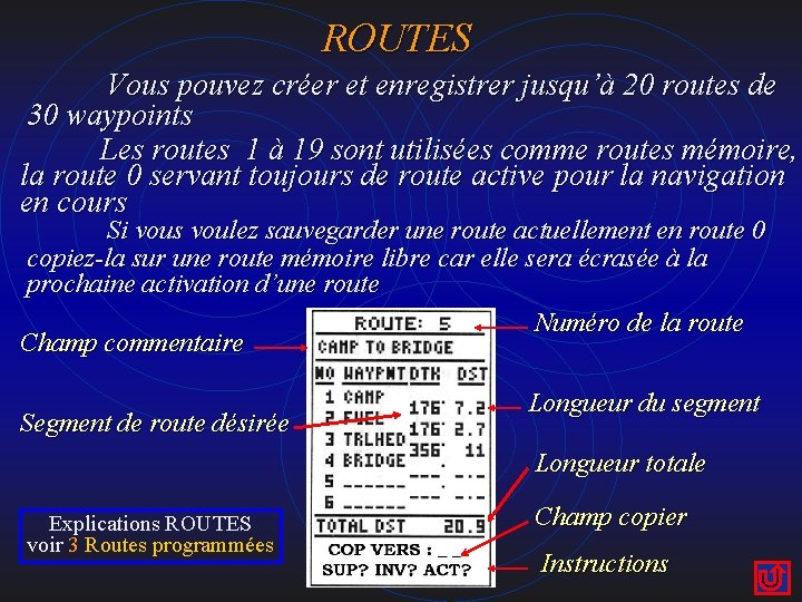 ROUTES Vous pouvez créer et enregistrer jusqu’à 20 routes de 30 waypoints Les routes