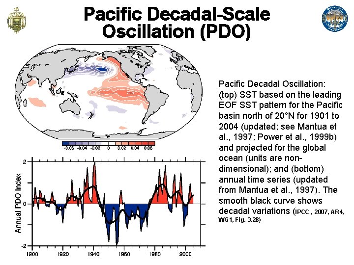 Pacific Decadal-Scale Oscillation (PDO) Pacific Decadal Oscillation: (top) SST based on the leading EOF