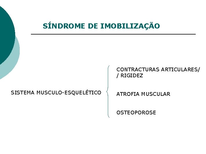 SÍNDROME DE IMOBILIZAÇÃO CONTRACTURAS ARTICULARES/ / RIGIDEZ SISTEMA MUSCULO-ESQUELÉTICO ATROFIA MUSCULAR OSTEOPOROSE 