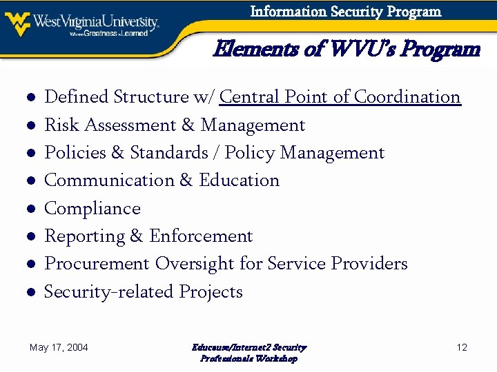 Information Security Program Elements of WVU’s Program ● ● ● ● Defined Structure w/