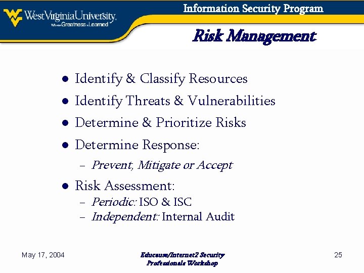 Information Security Program Risk Management ● Identify & Classify Resources ● Identify Threats &