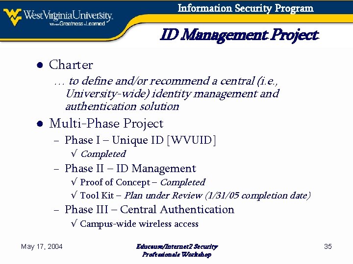 Information Security Program ID Management Project ● Charter … to define and/or recommend a