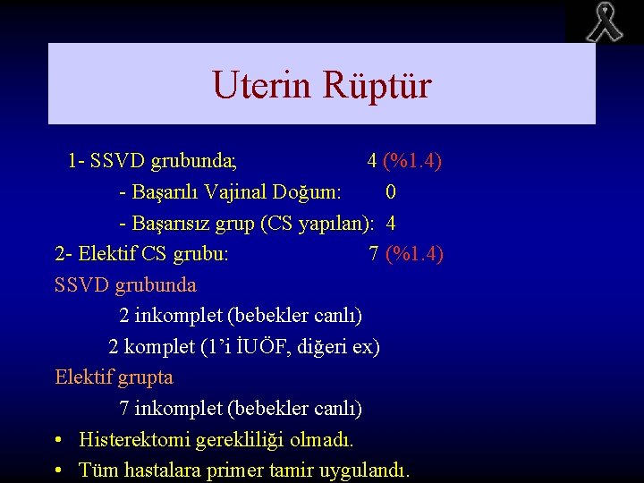 Uterin Rüptür 1 - SSVD grubunda; 4 (%1. 4) - Başarılı Vajinal Doğum: 0