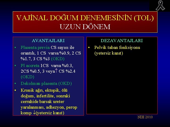 VAJİNAL DOĞUM DENEMESİNİN (TOL) UZUN DÖNEM • • AVANTAJLARI Plasenta previa CS sayısı ile