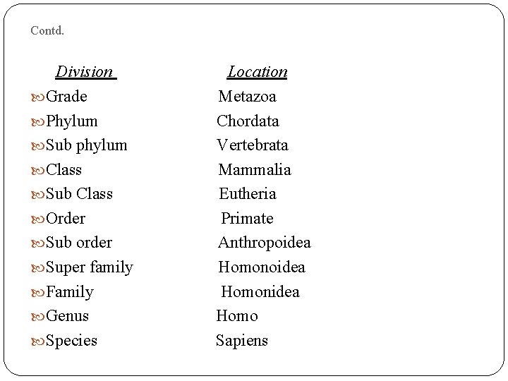 Contd. Division Grade Phylum Sub phylum Class Sub Class Order Sub order Super family