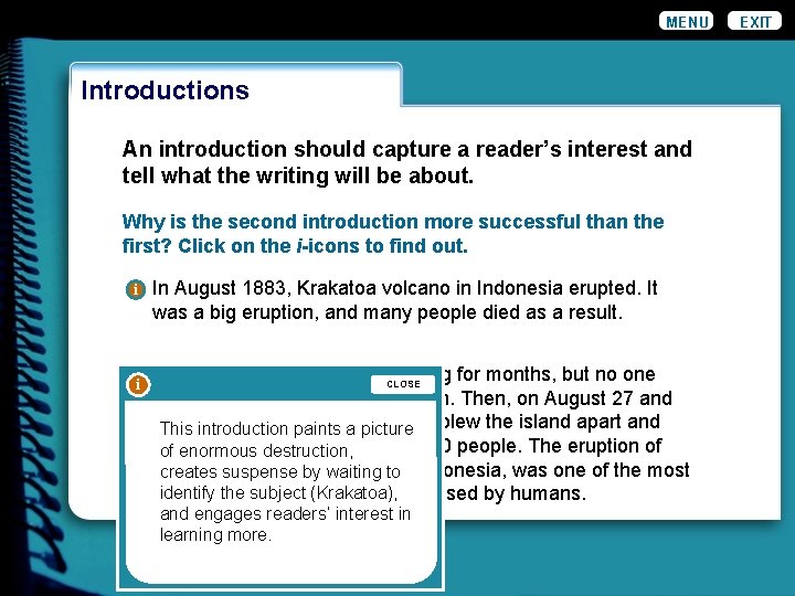MENU Introductions An introduction should capture a reader’s interest and tell what the writing MENU Introductions An introduction should capture a reader’s interest and tell what the writing