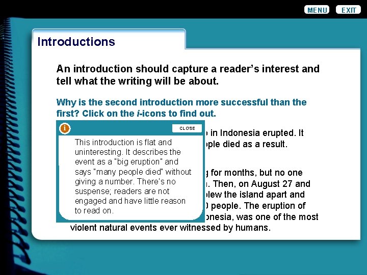 MENU Introductions An introduction should capture a reader’s interest and tell what the writing MENU Introductions An introduction should capture a reader’s interest and tell what the writing