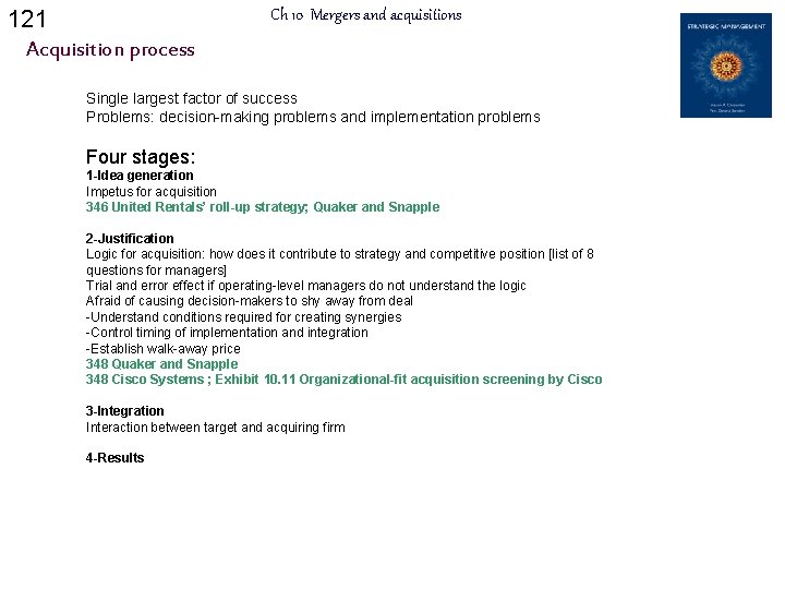 121 Ch 10 Mergers and acquisitions Acquisition process Single largest factor of success Problems: