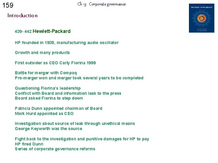 159 Ch 13 Corporate governance Introduction 439 - 442 Hewlett-Packard HP founded in 1938,