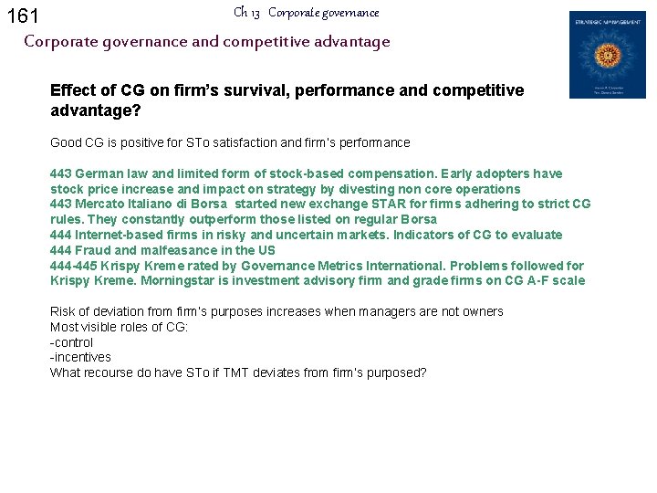 161 Ch 13 Corporate governance and competitive advantage Effect of CG on firm’s survival,