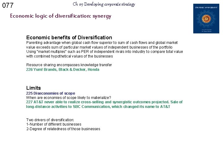 077 Ch 07 Developing corporate strategy Economic logic of diversification: synergy Economic benefits of