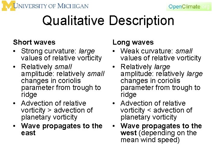 Qualitative Description Short waves • Strong curvature: large values of relative vorticity • Relatively