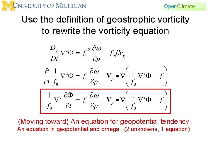 Use the definition of geostrophic vorticity to rewrite the vorticity equation (Moving toward) An
