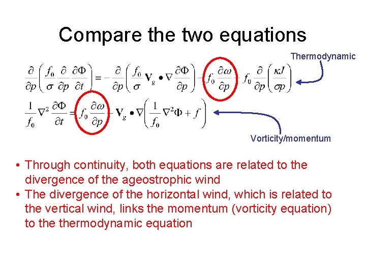 Compare the two equations Thermodynamic Vorticity/momentum • Through continuity, both equations are related to