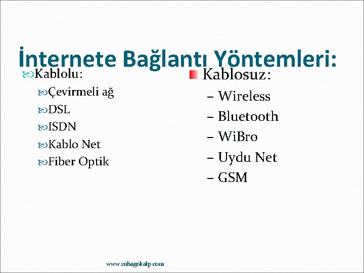 İnternete Bağlantı Yöntemleri: Kablolu: Çevirmeli ağ DSL ISDN Kablo Net Fiber Optik www. suhagokalp.