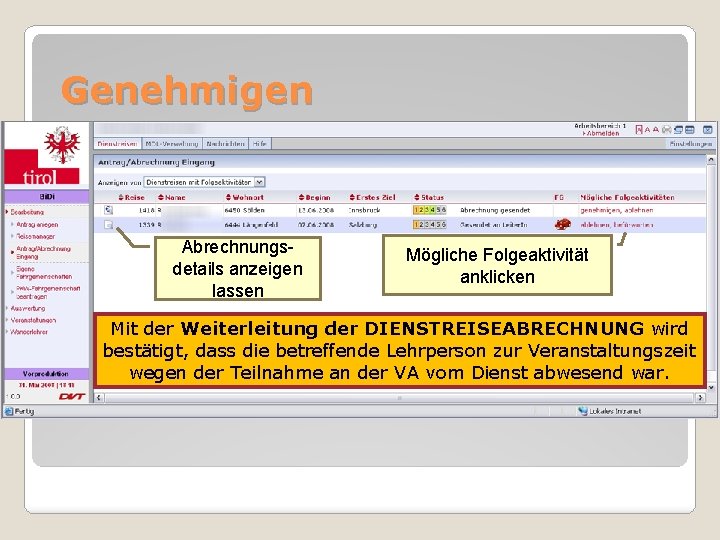 Genehmigen Abrechnungsdetails anzeigen lassen Mögliche Folgeaktivität anklicken Mit der Weiterleitung der DIENSTREISEABRECHNUNG wird bestätigt,