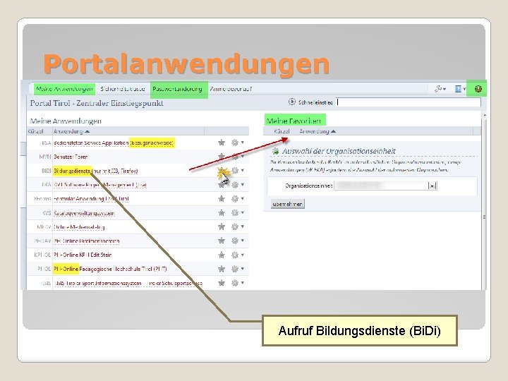 Portalanwendungen Aufruf Bildungsdienste (Bi. Di) 