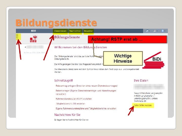 Bildungsdienste Wichtige Hinweise 