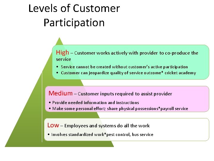 Levels of Customer Participation High – Customer works actively with provider to co-produce the