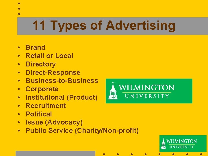 11 Types of Advertising • • • Brand Retail or Local Directory Direct-Response Business-to-Business