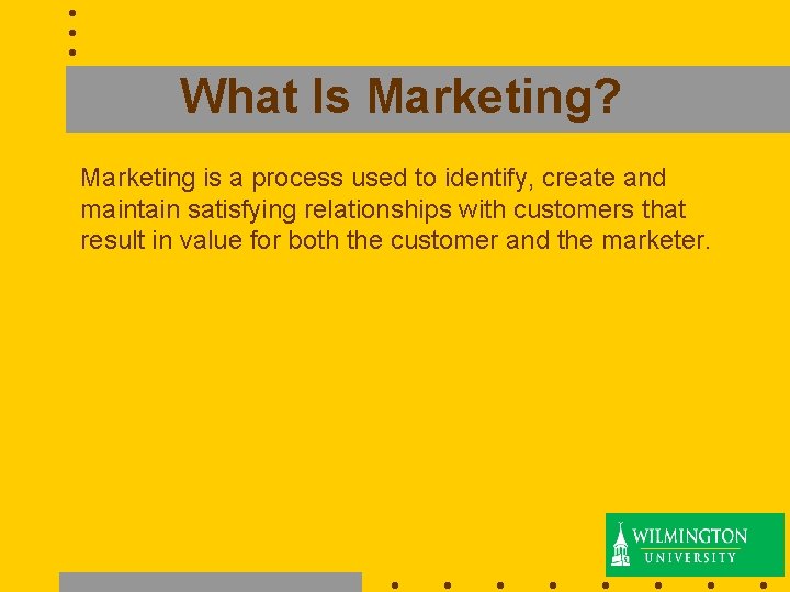 What Is Marketing? Marketing is a process used to identify, create and maintain satisfying