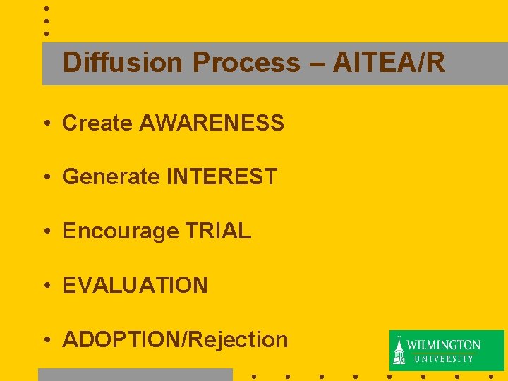 Diffusion Process – AITEA/R • Create AWARENESS • Generate INTEREST • Encourage TRIAL •