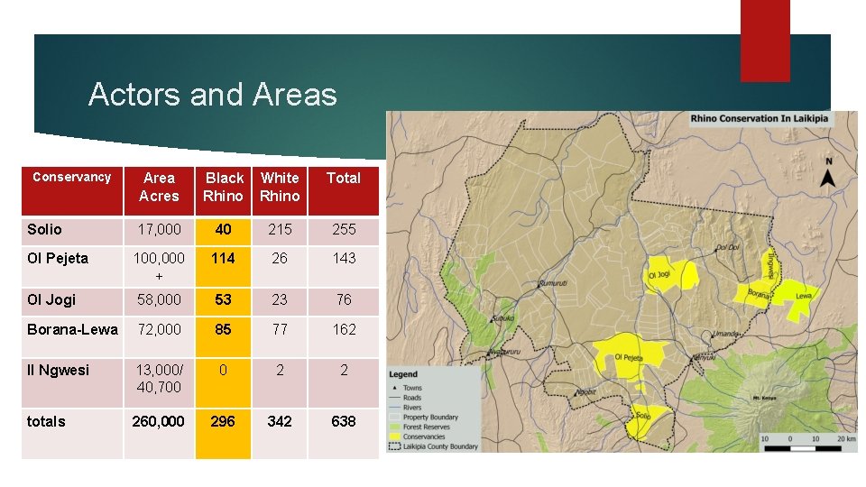 Actors and Areas Conservancy Area Acres Black Rhino White Rhino Total Solio 17, 000