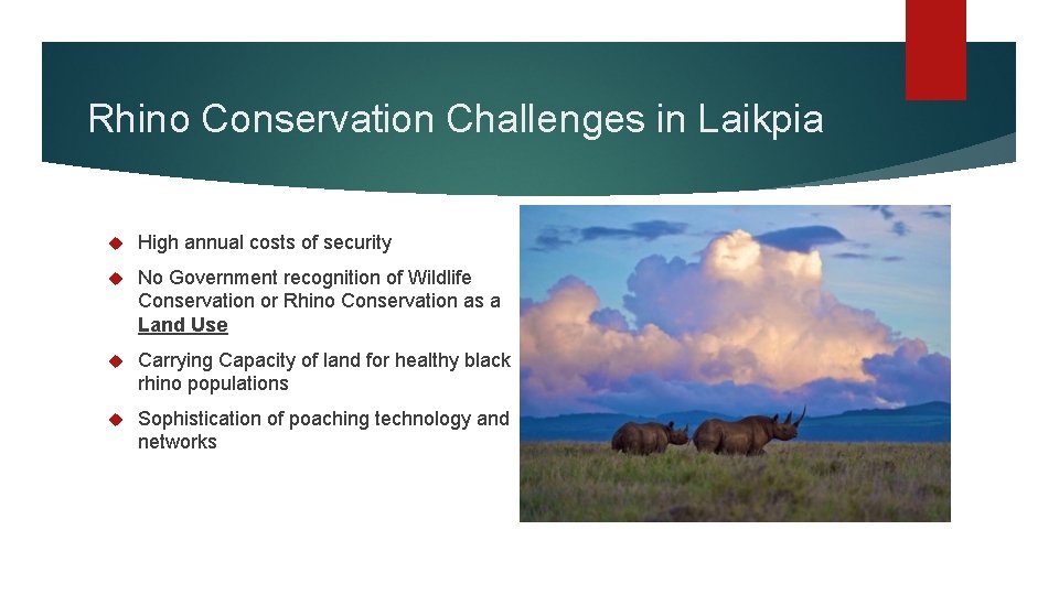 Rhino Conservation Challenges in Laikpia High annual costs of security No Government recognition of