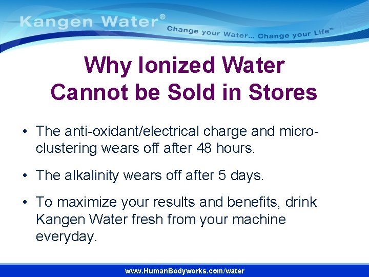 Why Ionized Water Cannot be Sold in Stores • The anti-oxidant/electrical charge and microclustering Why Ionized Water Cannot be Sold in Stores • The anti-oxidant/electrical charge and microclustering