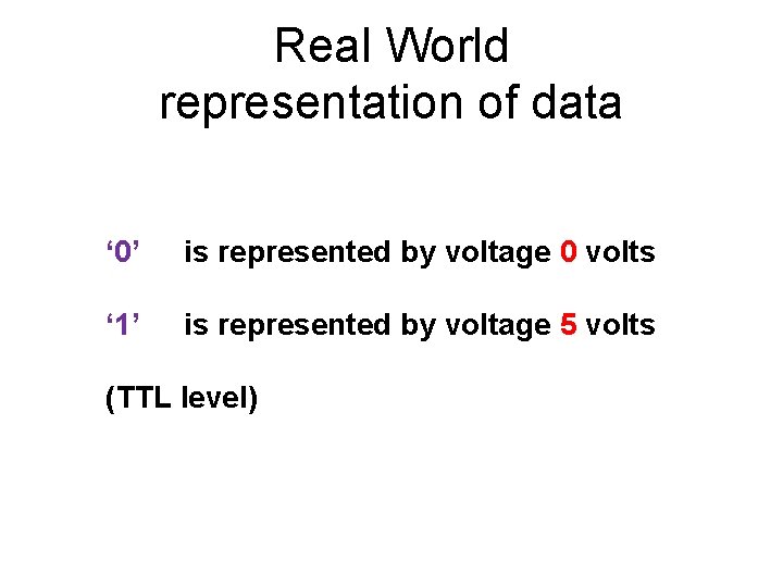 Real World representation of data ‘ 0’ is represented by voltage 0 volts ‘ Real World representation of data ‘ 0’ is represented by voltage 0 volts ‘