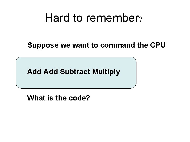 Hard to remember? Suppose we want to command the CPU Add Subtract Multiply What Hard to remember? Suppose we want to command the CPU Add Subtract Multiply What