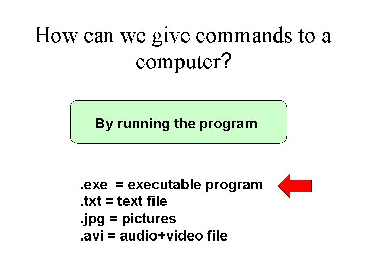 How can we give commands to a computer? By running the program . exe How can we give commands to a computer? By running the program . exe