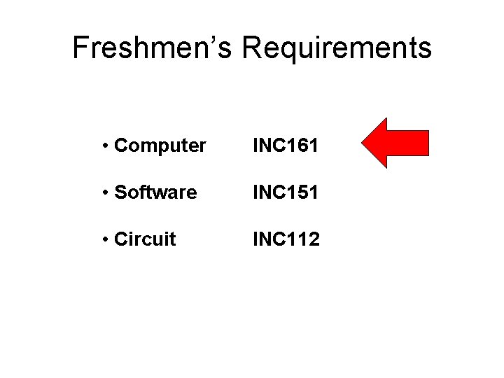 Freshmen’s Requirements • Computer INC 161 • Software INC 151 • Circuit INC 112 Freshmen’s Requirements • Computer INC 161 • Software INC 151 • Circuit INC 112