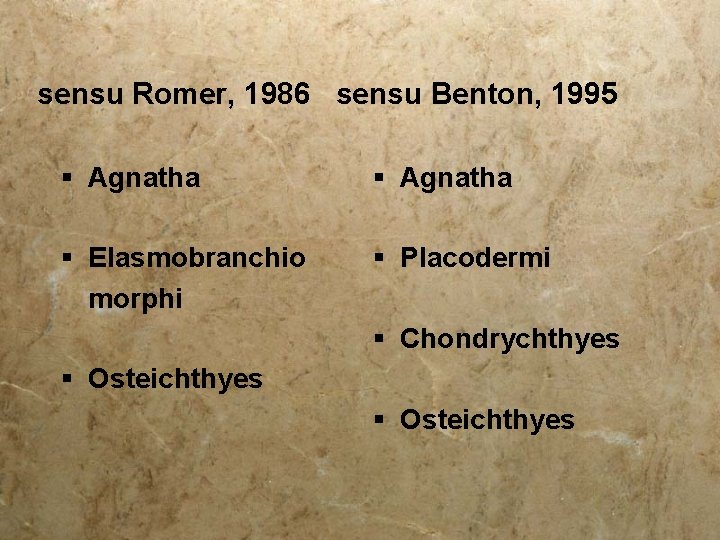 sensu Romer, 1986 sensu Benton, 1995 § Agnatha § Elasmobranchio morphi § Placodermi §