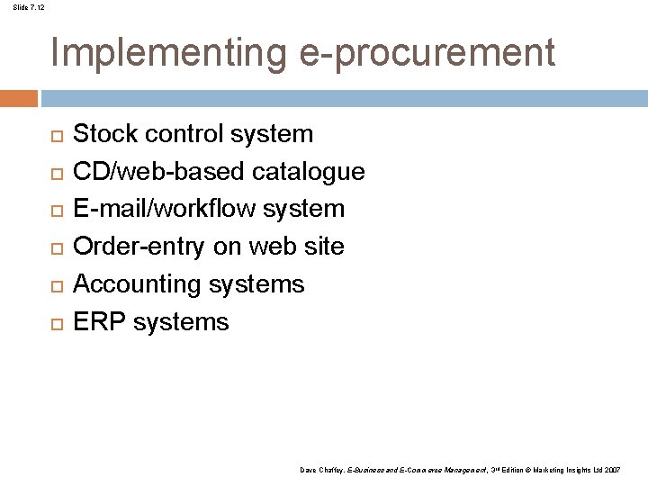 Slide 7. 12 Implementing e-procurement Stock control system CD/web-based catalogue E-mail/workflow system Order-entry on