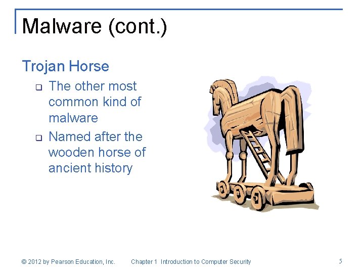 Malware (cont. ) Trojan Horse q q The other most common kind of malware