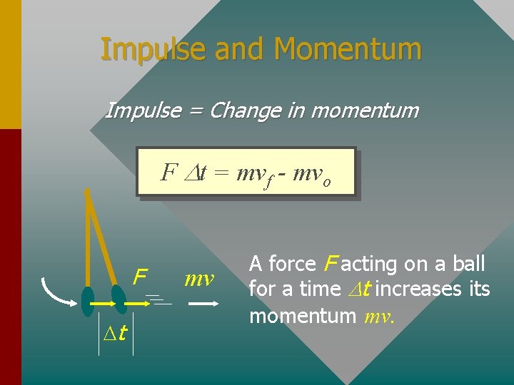 Impulse and Momentum Impulse = Change in momentum F Dt = mvf - mvo