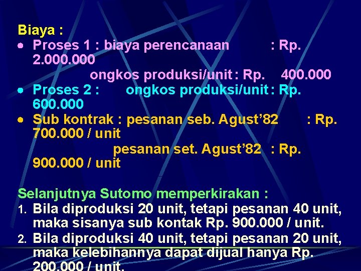 Biaya : Proses 1 : biaya perencanaan : Rp. 2. 000 ongkos produksi/unit :