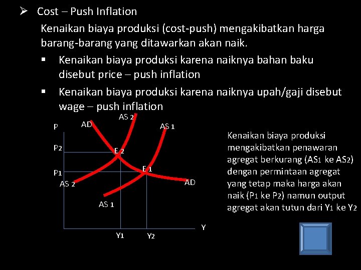 Ø Cost – Push Inflation Kenaikan biaya produksi (cost-push) mengakibatkan harga barang-barang yang ditawarkan