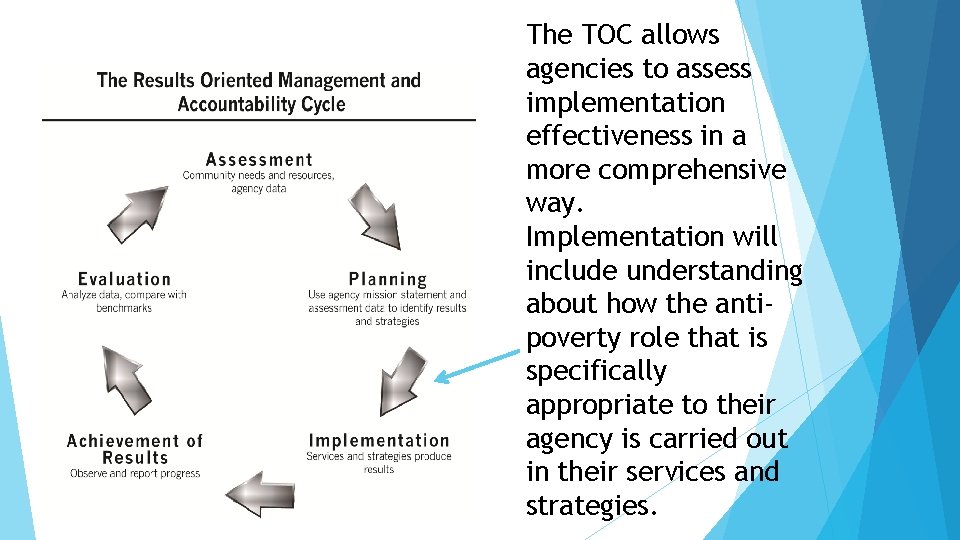 The TOC allows agencies to assess implementation effectiveness in a more comprehensive way. Implementation The TOC allows agencies to assess implementation effectiveness in a more comprehensive way. Implementation