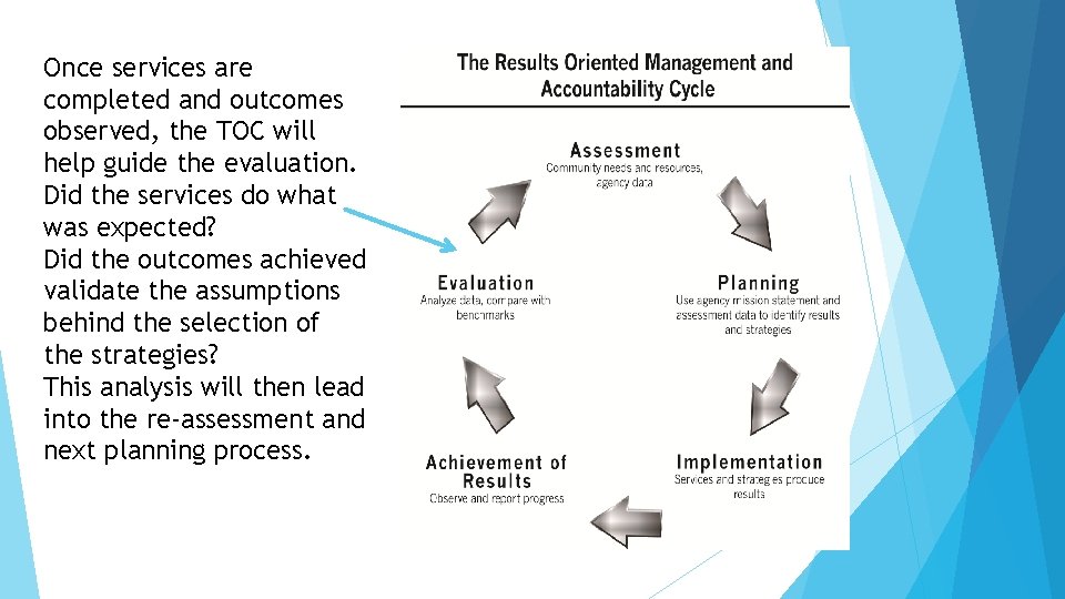 Once services are completed and outcomes observed, the TOC will help guide the evaluation. Once services are completed and outcomes observed, the TOC will help guide the evaluation.